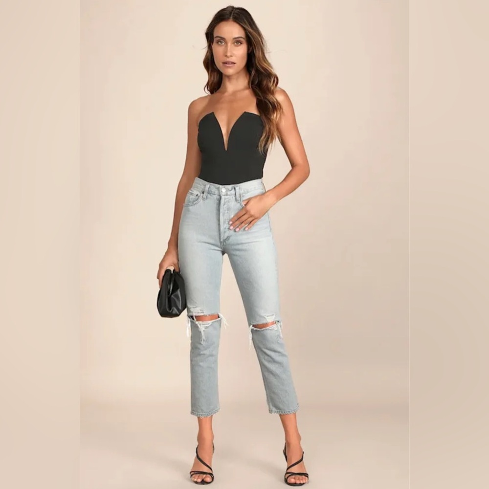 Babe Alert black notched strapless bodysuit